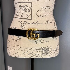 GUCCI Marmont wide Black Leather Belt with Gold GG Buckle